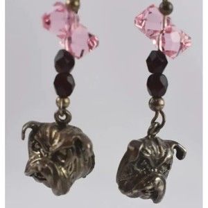 ❤️Bulldog Sterling Silver Dangle/Drop Hook Earrings Pink Black Beads Patina